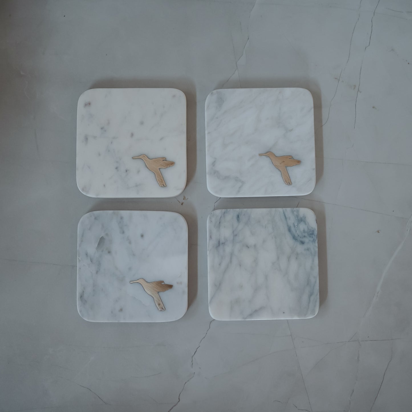 White Marble Brass Inlay Coasters Set of 4